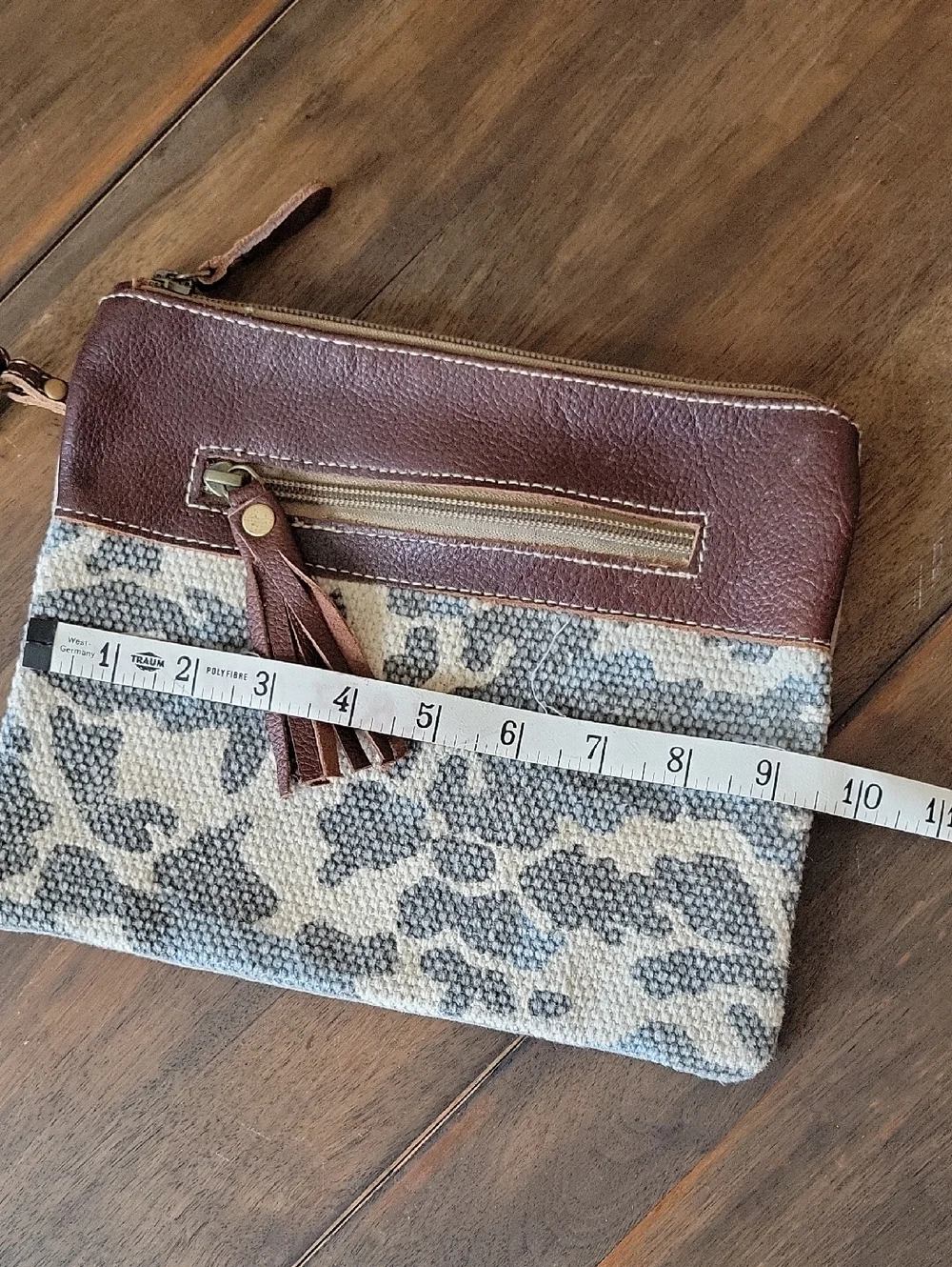 Myra NWOT PUZZLED POUCH Upcycled Canvas Leather Clutch Wristlet Pouch